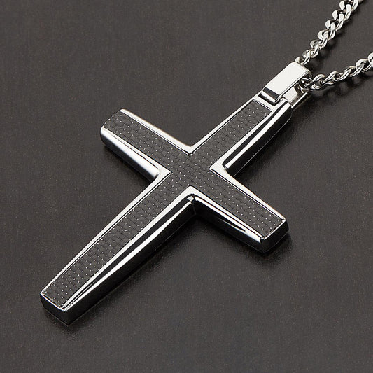 Crucible Jewelry Black Carbon Fiber Stainless Steel Cross Necklace - Large