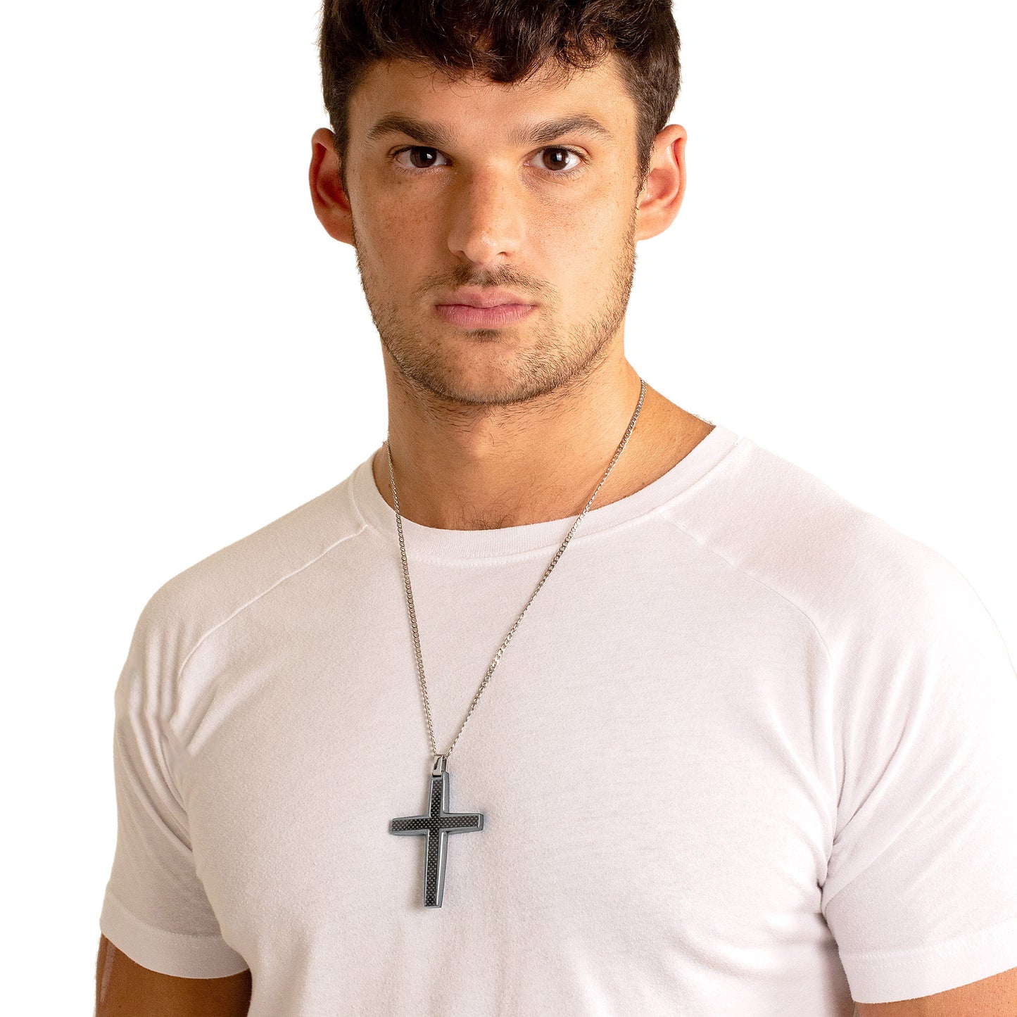 Men's Large Size Black Carbon Fiber Cross Stainless Steel Necklace