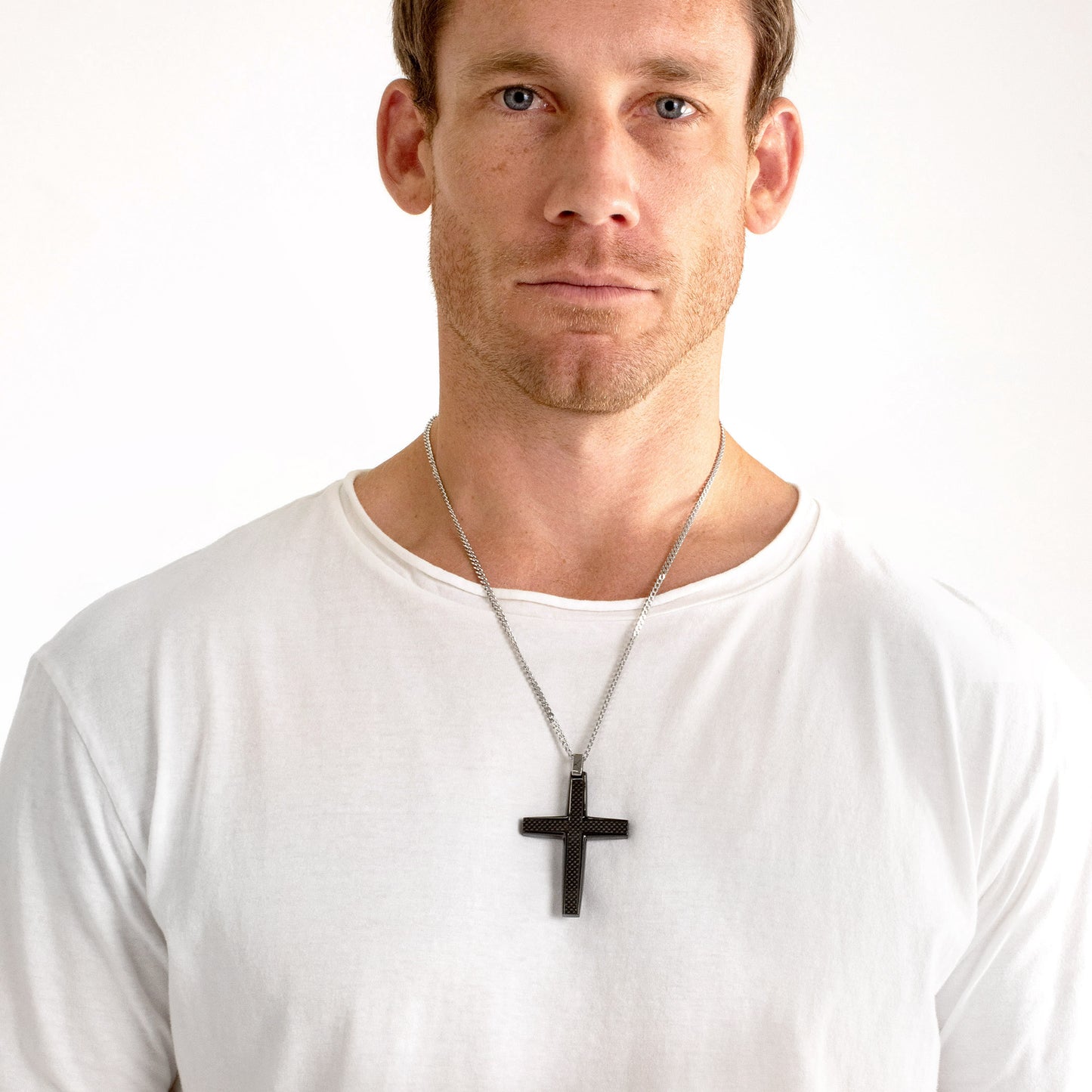 Men's Large Size Black Carbon Fiber Cross Stainless Steel Necklace