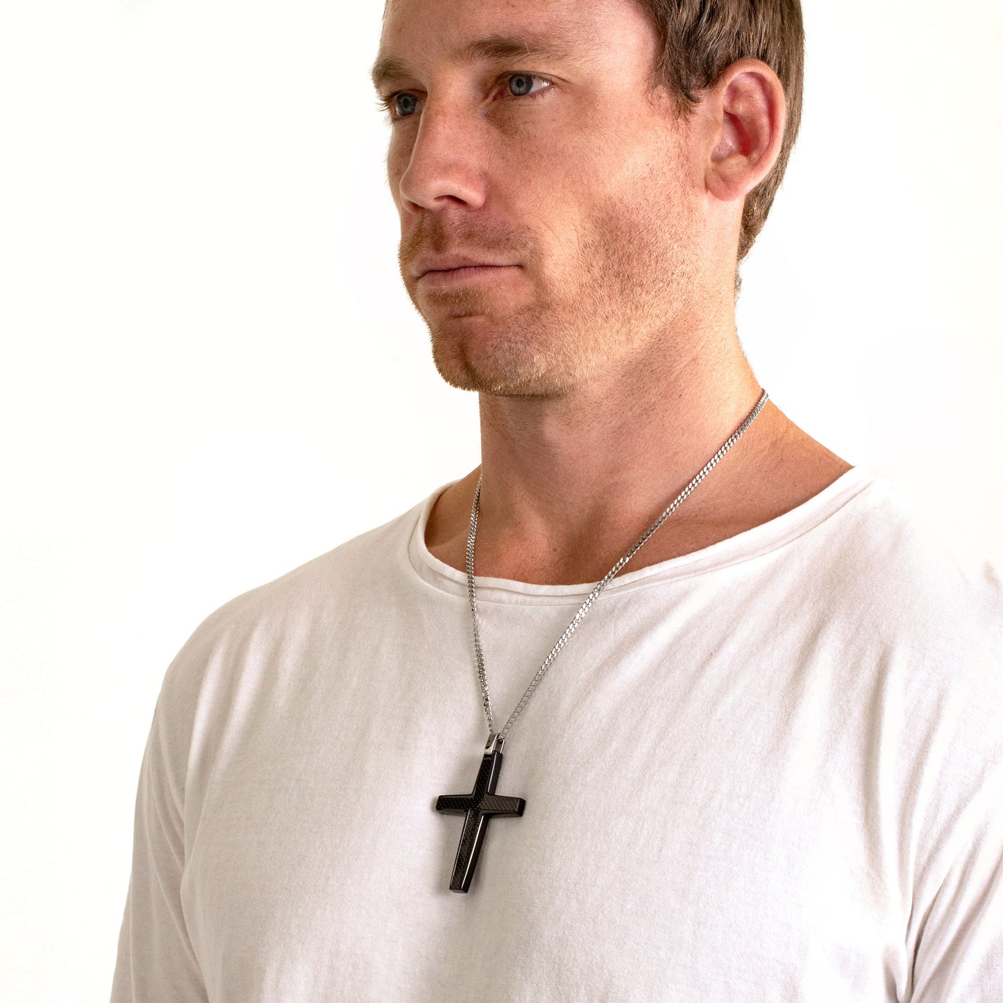 Men's Large Size Black Carbon Fiber Cross Stainless Steel Necklace