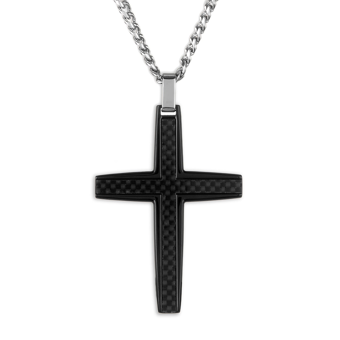 Crucible Jewelry Black Carbon Fiber Stainless Steel Cross Necklace - Medium