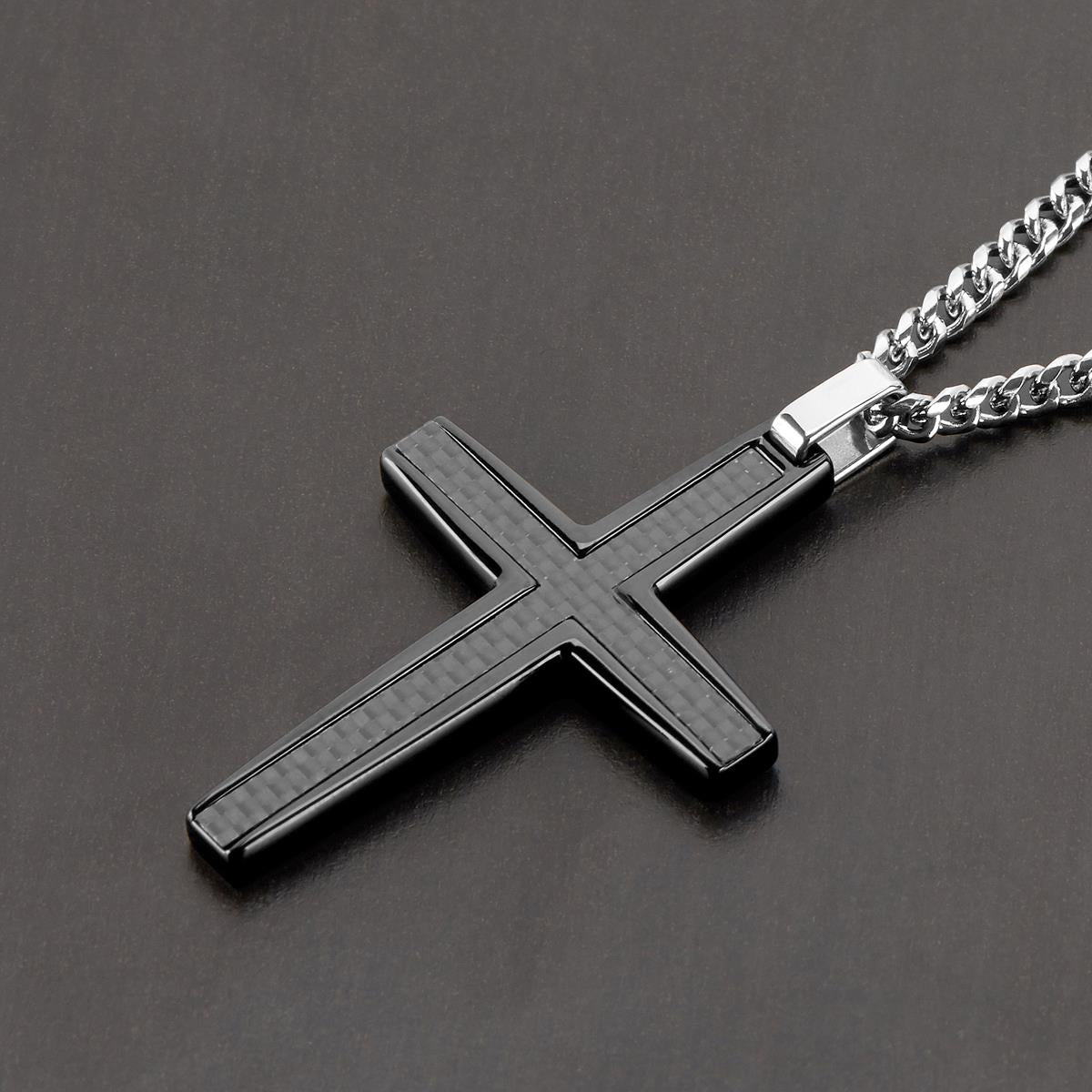Crucible Jewelry Black Carbon Fiber Stainless Steel Cross Necklace - Medium
