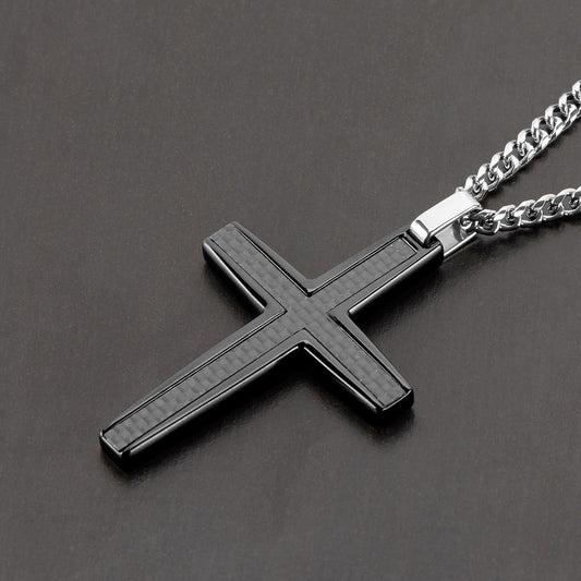 Crucible Jewelry Black Carbon Fiber Stainless Steel Cross Necklace - Medium
