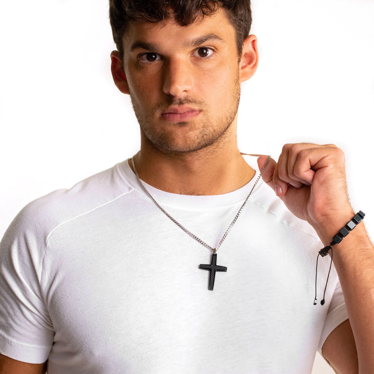 Men's Polished Medium Size Black Carbon Fiber Steel Cross Necklace