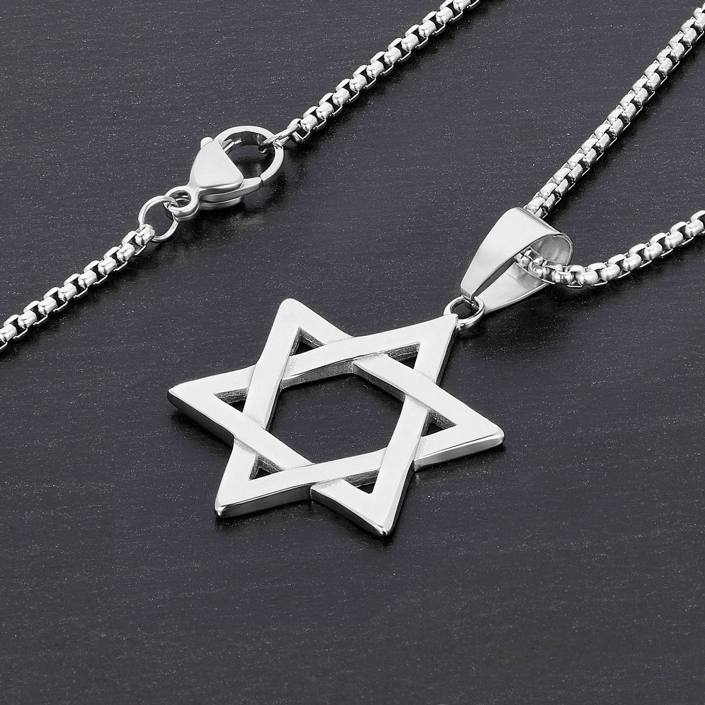 Large Star of David Polished Stainless Steel Necklace - 24"