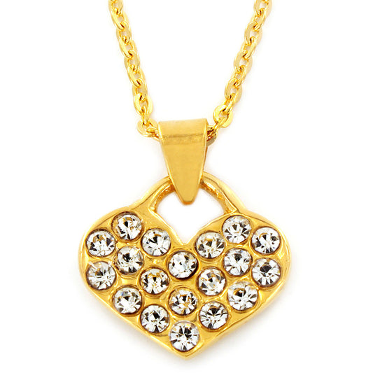 Crystal Pave Heart Pendant Gold Plated Stainless Steel Necklace - 18"
