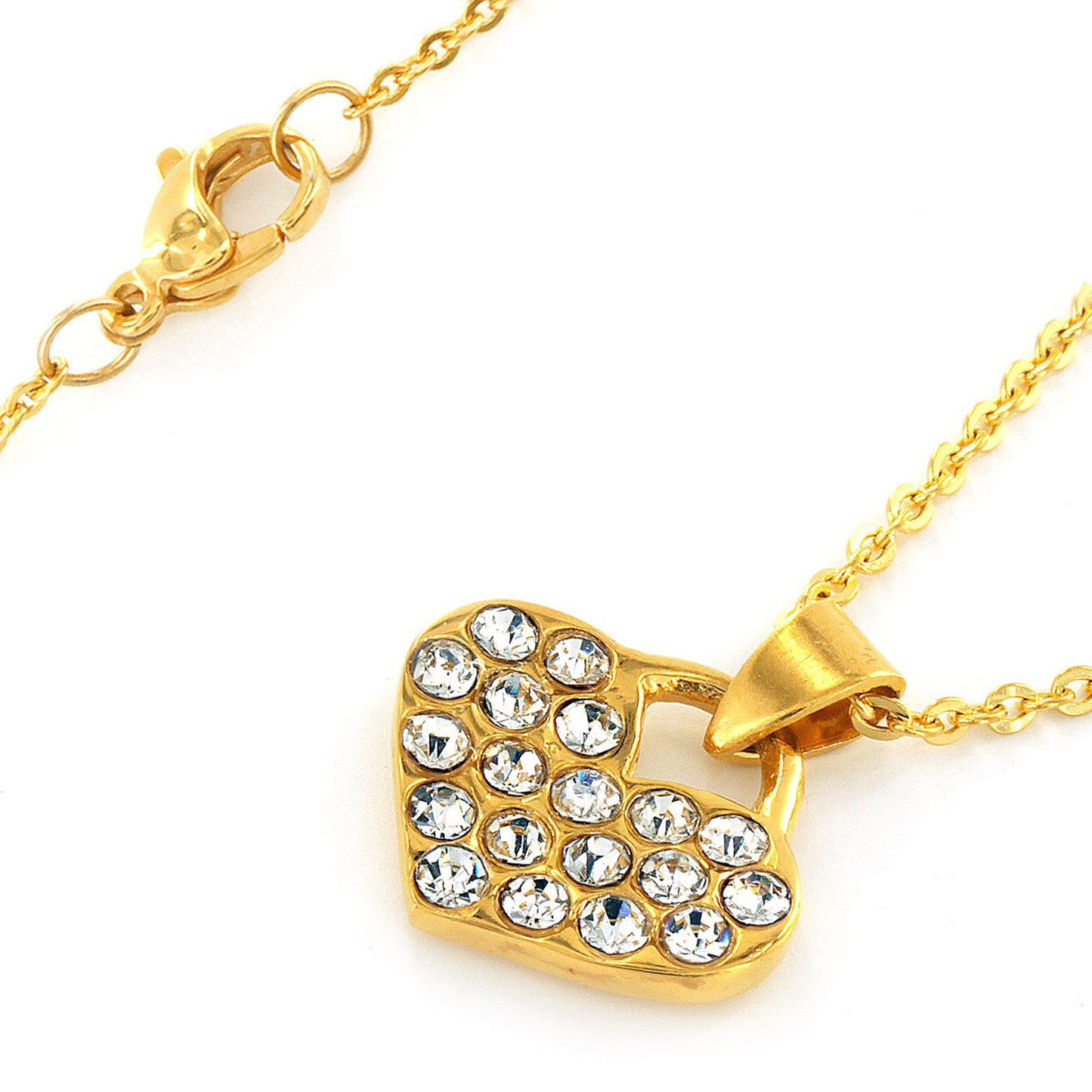 Crystal Pave Heart Pendant Gold Plated Stainless Steel Necklace - 17"