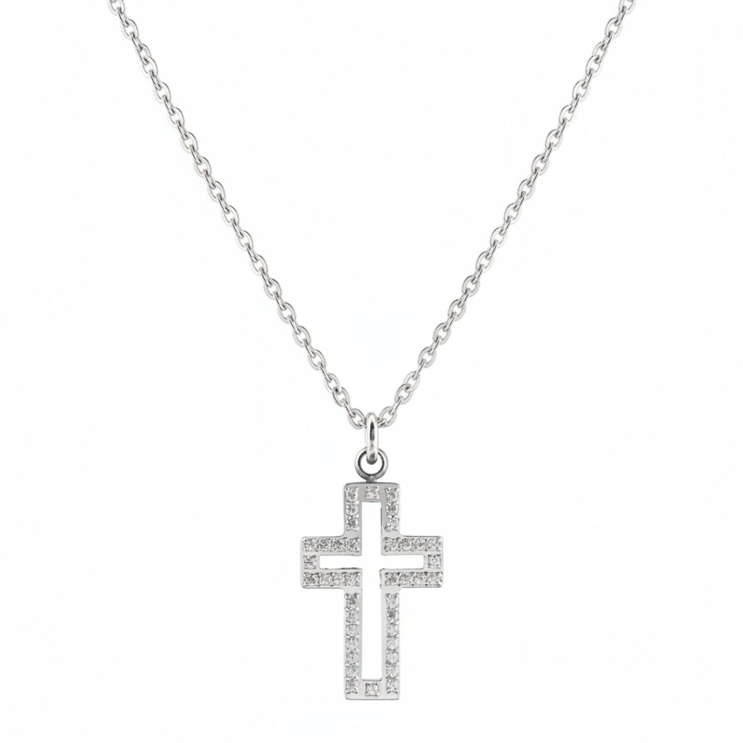 Women's Cubic Zirconia Cut Out Cross Steel Necklace - 19"