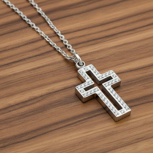 Women's Cubic Zirconia Cut Out Cross Steel Necklace - 19"