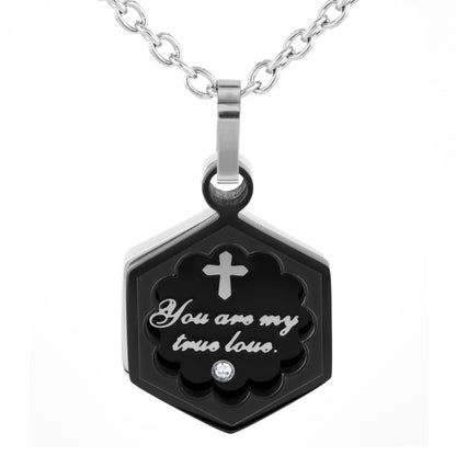 Polished Cubic Zirconia Inspirational Black Plated Pendant Stainless Steel Necklace - 19"