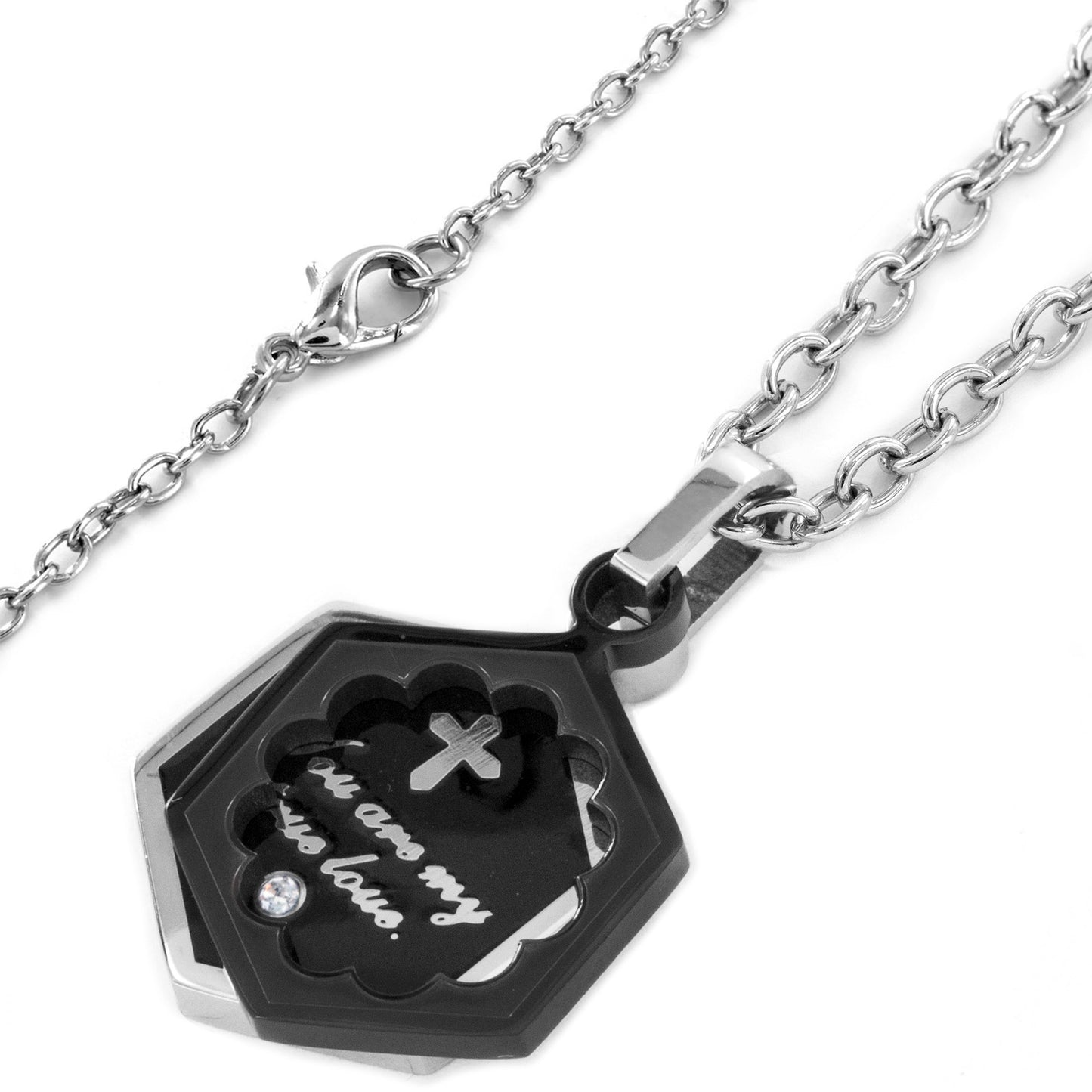 Polished Cubic Zirconia Inspirational Black Plated Pendant Stainless Steel Necklace - 19"