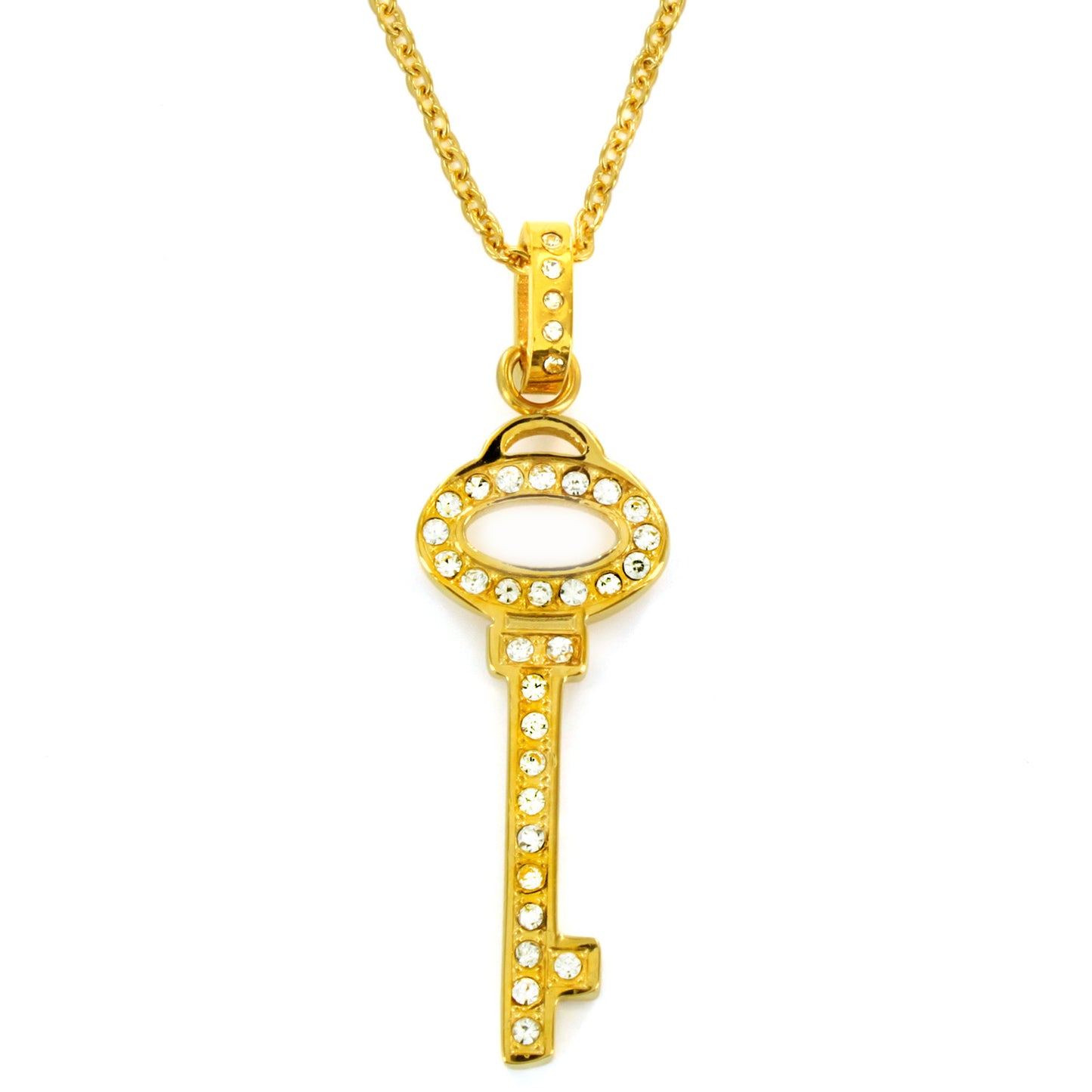 Women's Polished Cubic Zirconia Key Shaped Gold Plated Necklace - 16"