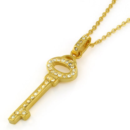 Polished Cubic Zirconia Key Pendant Gold Plated Stainless Steel Necklace - 18"