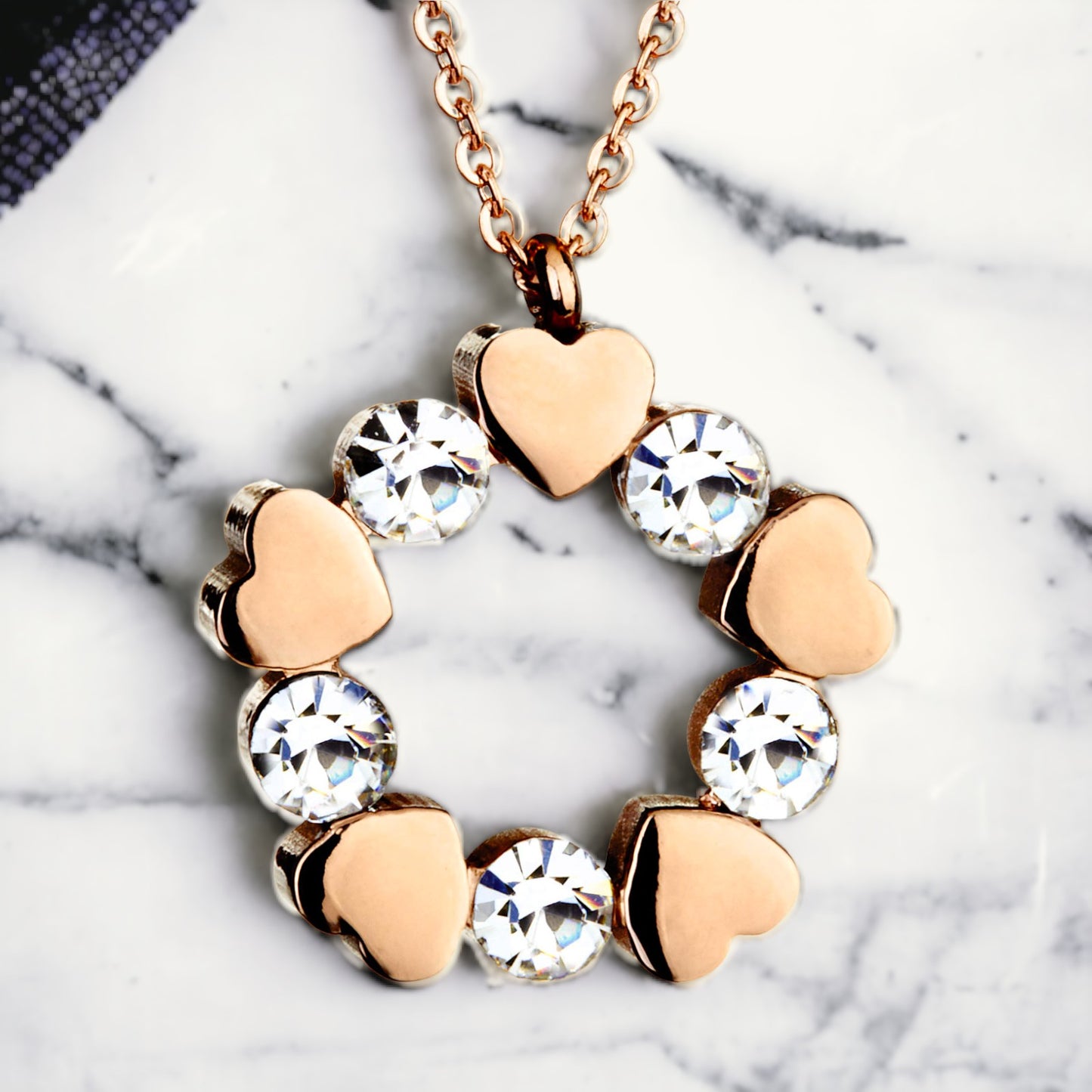 Women's Polished Cubic Zirconia and Heart Circle Rose Gold Plated Necklace - 17"