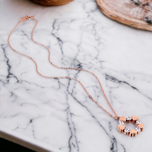Women's Polished Cubic Zirconia and Heart Circle Rose Gold Plated Necklace - 17"