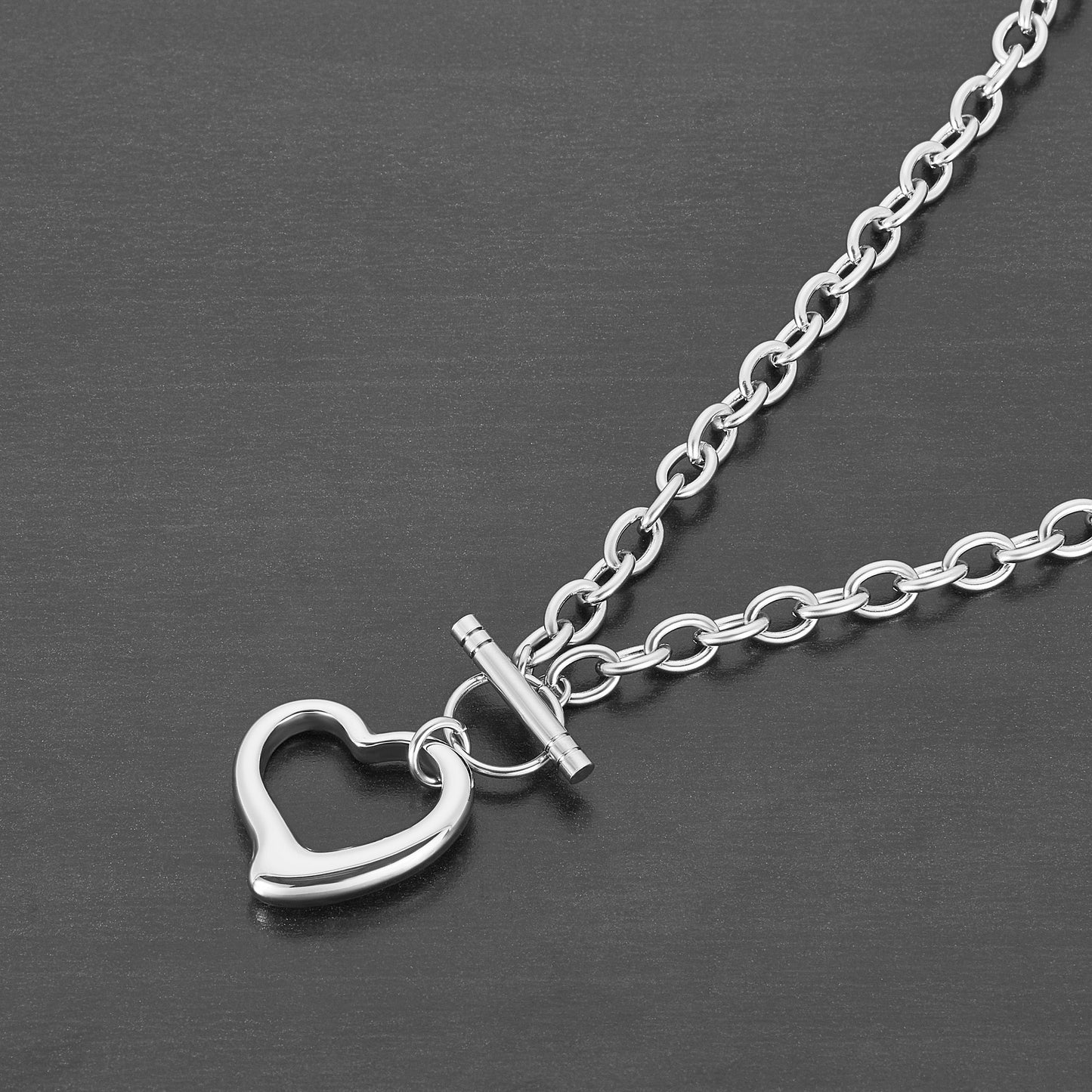 ELYA Women's Polished Open Heart Toggle Cable Chain Stainless Steel Pendant Necklace