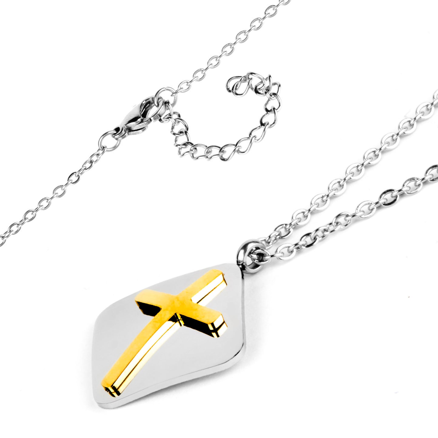 Women's Polished Gold Cross Domed Diamond-Shape Two-Tone Steel Necklace - 16"