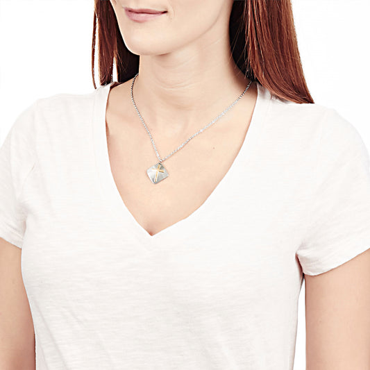 Women's Polished Gold Cross Domed Diamond-Shape Two-Tone Steel Necklace - 16"