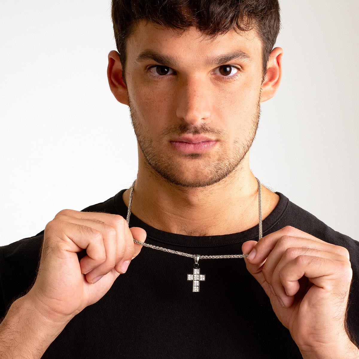 Crucible Cubic Zirconia Stainless Steel Cross Pendant