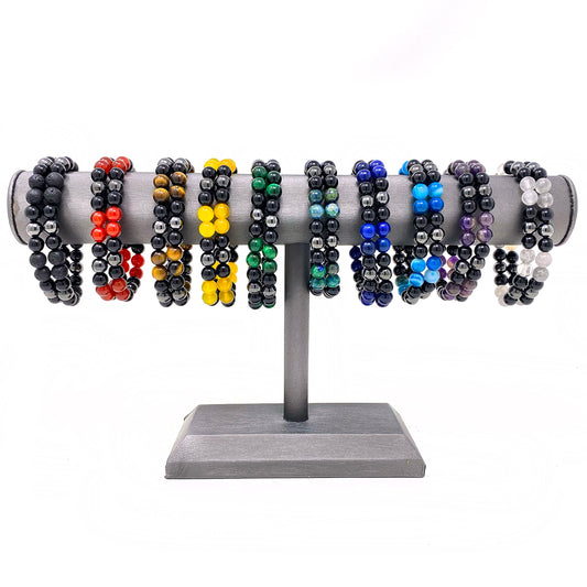 Unisex 20 Piece 8mm Natural Stones with Magnetic Hematite and Onyx Stretch Bracelet Pack
