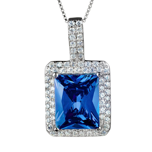 ELYA Blue Radiant-Cut Cubic Zirconia Double Halo Sterling Silver Pendant Necklace