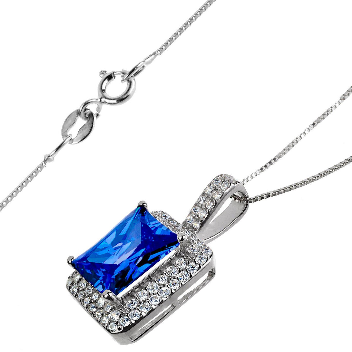 ELYA Blue Radiant-Cut Cubic Zirconia Double Halo Sterling Silver Pendant Necklace