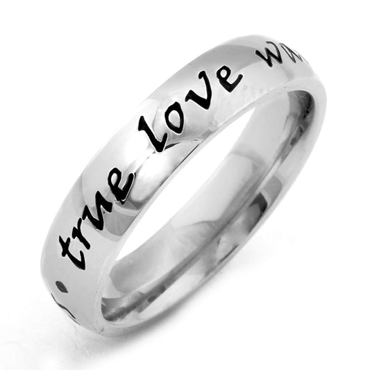 Polished 'True Love Waits' Script Stainless Steel Ring (4mm)
