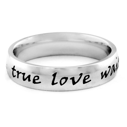 Polished 'True Love Waits' Script Stainless Steel Ring (4mm)