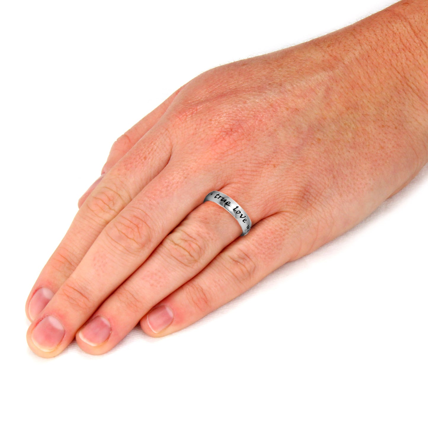 Polished 'True Love Waits' Script Stainless Steel Ring (4mm)