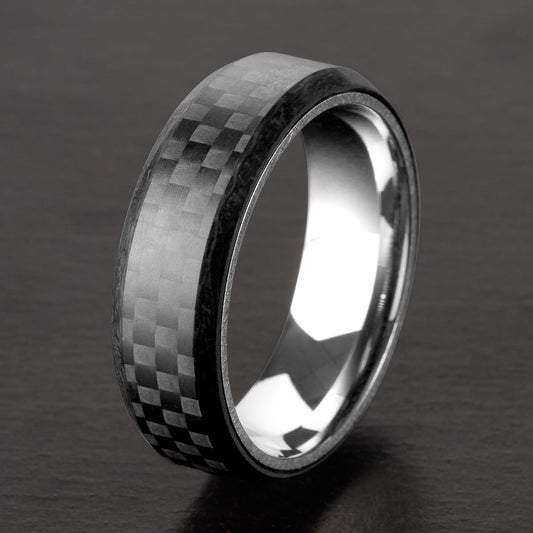 Crucible Jewelry Men's Stainless Steel Carbon Fiber Beveled Comfort Fit Ring