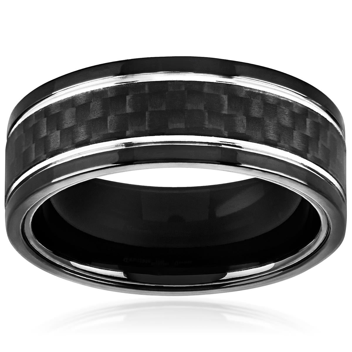Crucible Jewelry Men's Black Plated Stainless Steel Carbon Fiber Silver Grooved Comfort Fit Ring