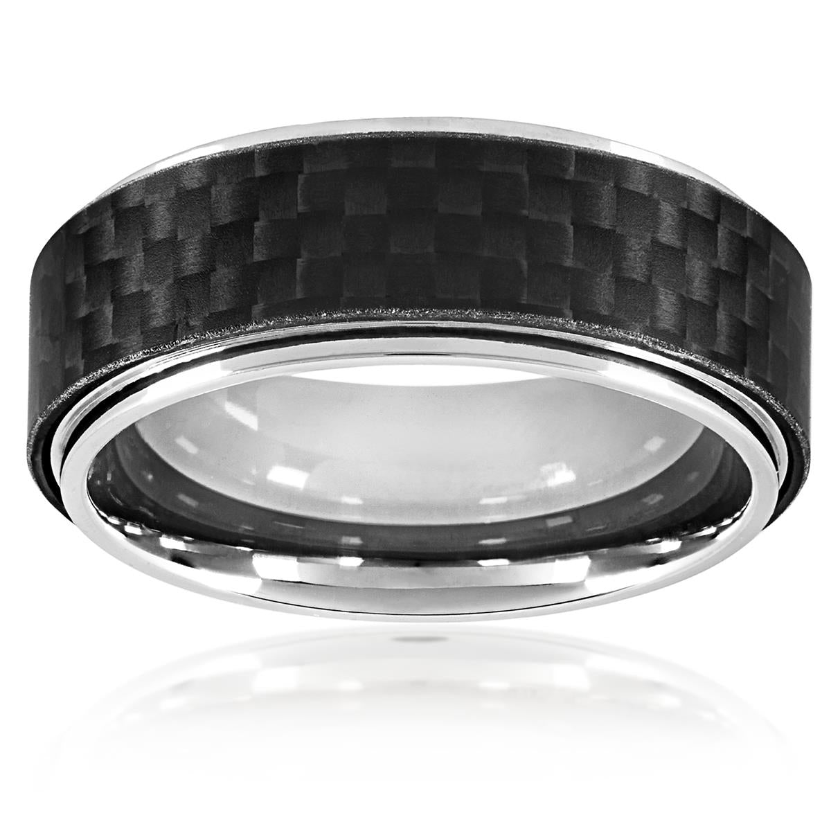 Crucible Jewelry Men's High Polish Stainless Steel Carbon Fiber Overlay Comfort Fit Ring