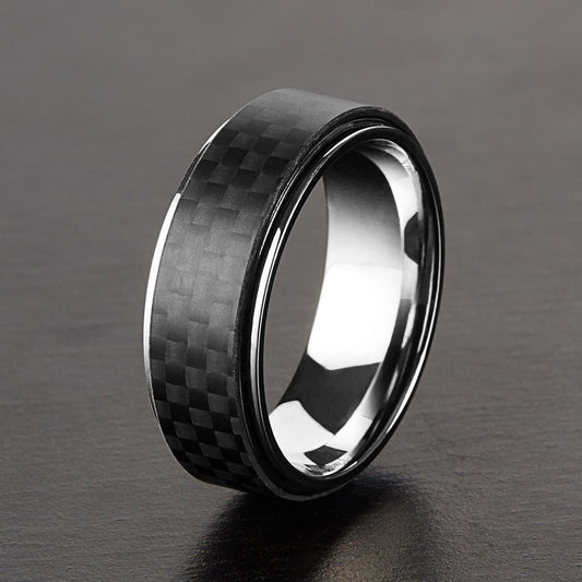 Crucible Jewelry Men's High Polish Stainless Steel Carbon Fiber Overlay Comfort Fit Ring