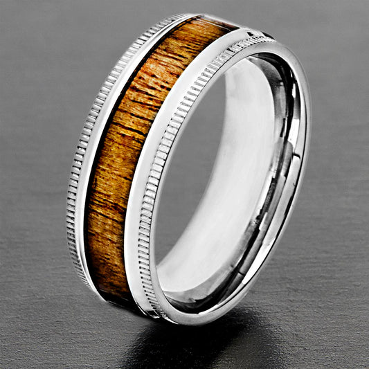 Crucible Jewelry Stainless Steeel High Polished Wood Inlay Ridged Edge Ring
