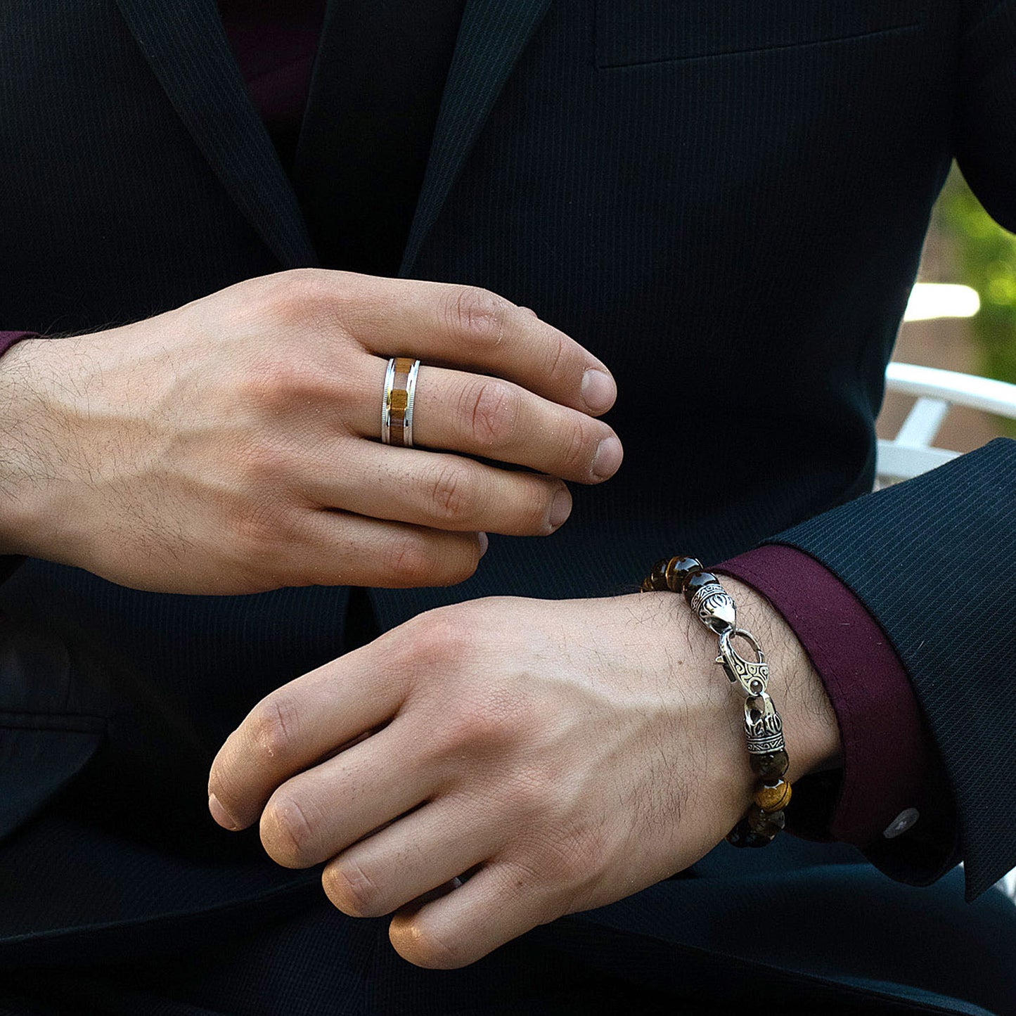 Men's Polished Wood Inlay Ridged Edge Stainless Steel Ring