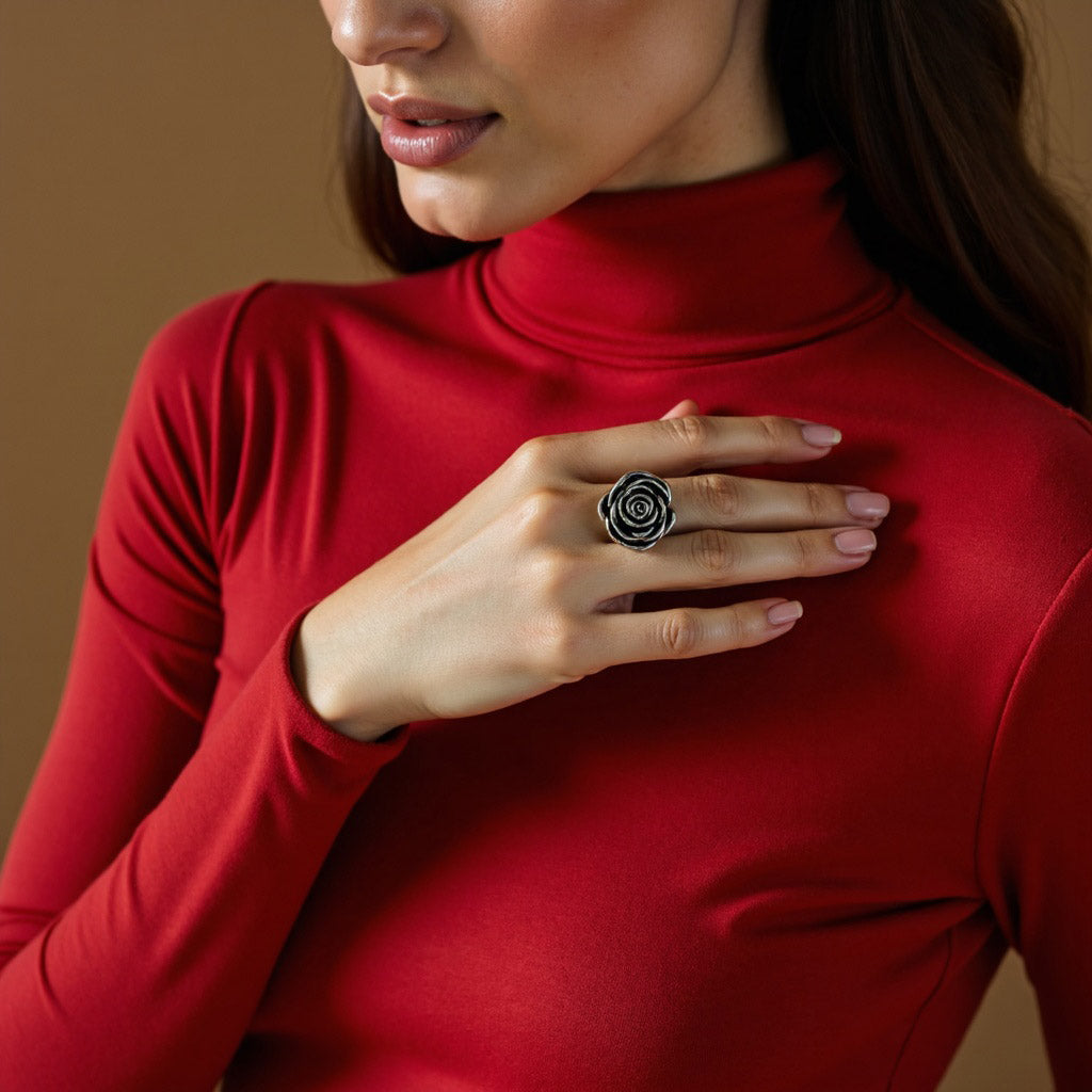 Antiqued Booming Rose Stainless Steel Ring