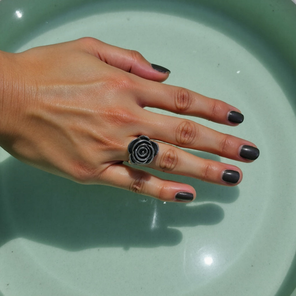 Antiqued Booming Rose Stainless Steel Ring