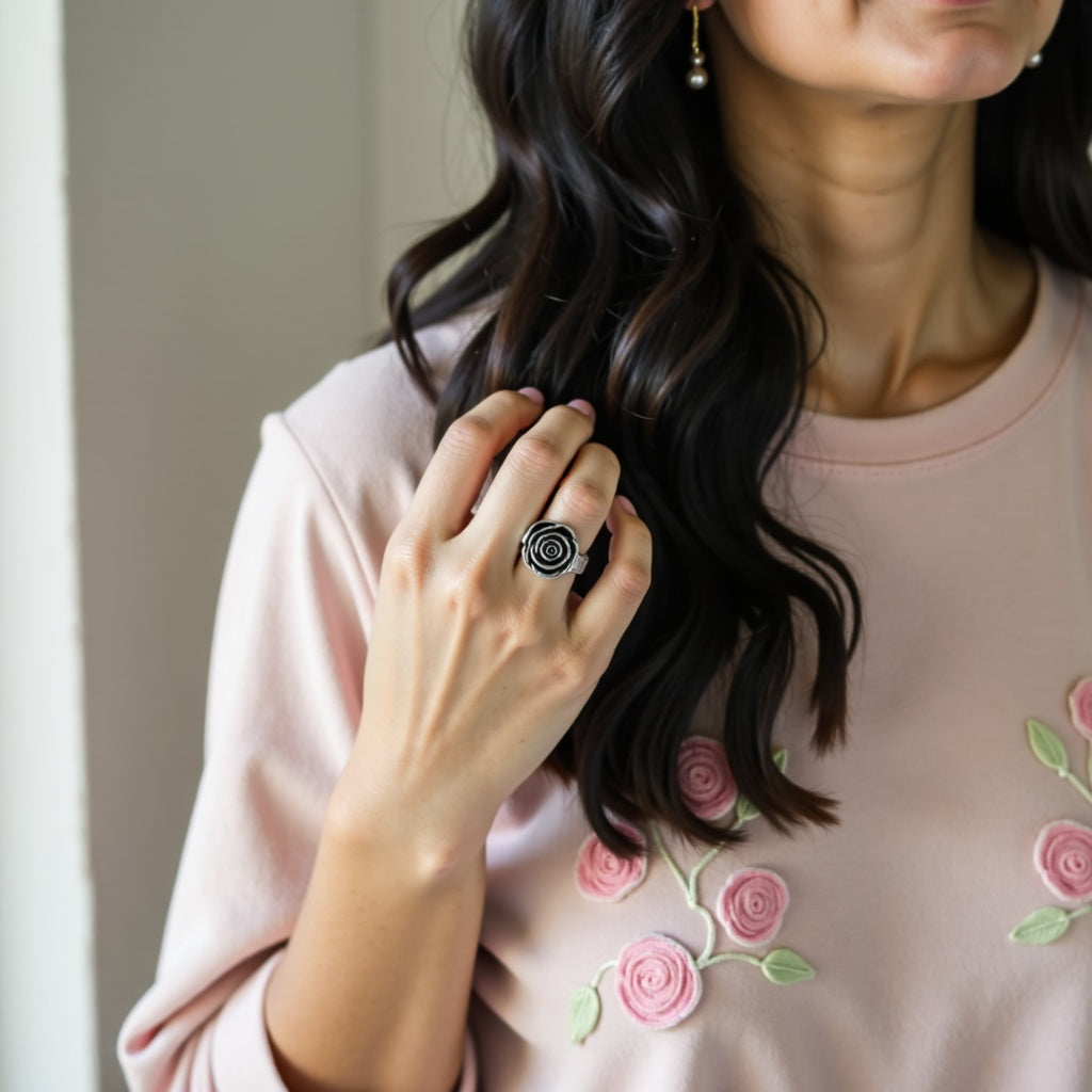 Antiqued Booming Rose Stainless Steel Ring
