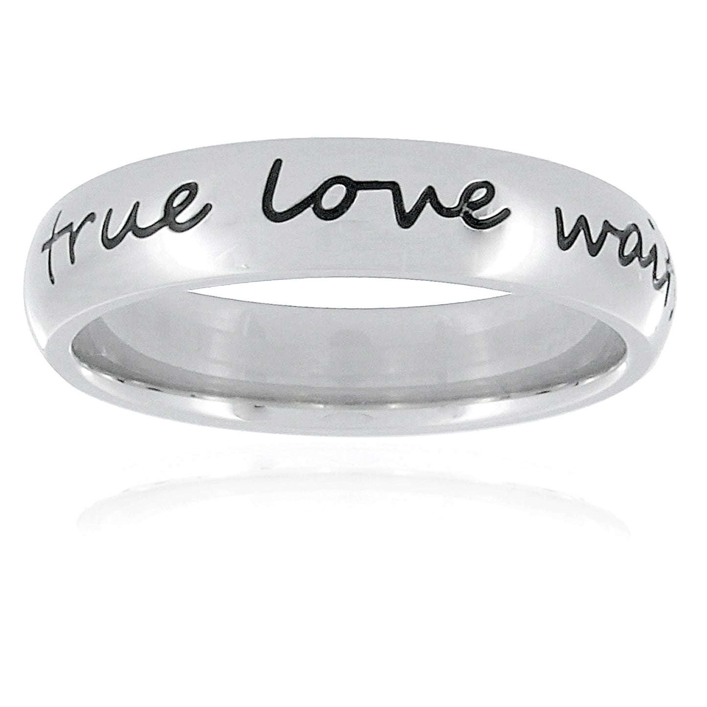 Polished 'True Love Waits' Cursive Script Stainless Steel Ring (4mm)