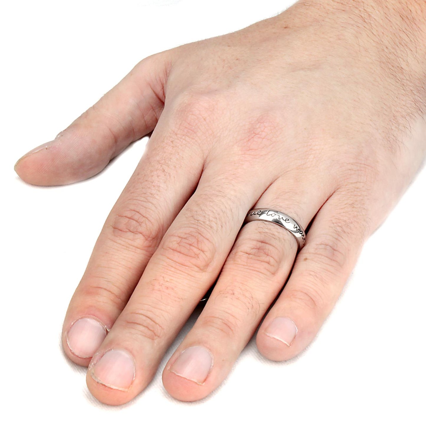 Polished 'True Love Waits' Cursive Script Stainless Steel Ring (4mm)