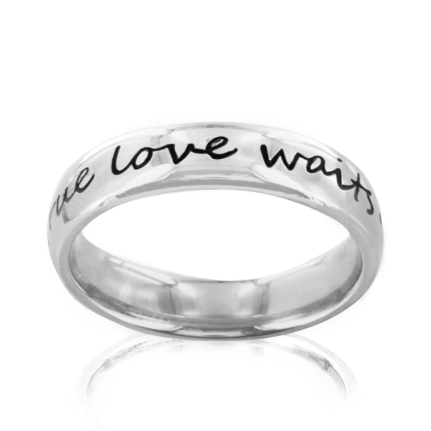 Polished 'True Love Waits' Cursive Script Stainless Steel Ring (4mm)