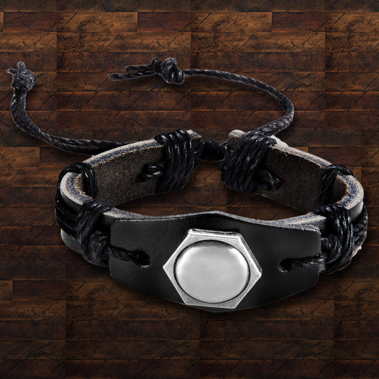 Men's Black Leather Hexagon Stud Adjustable Bracelet