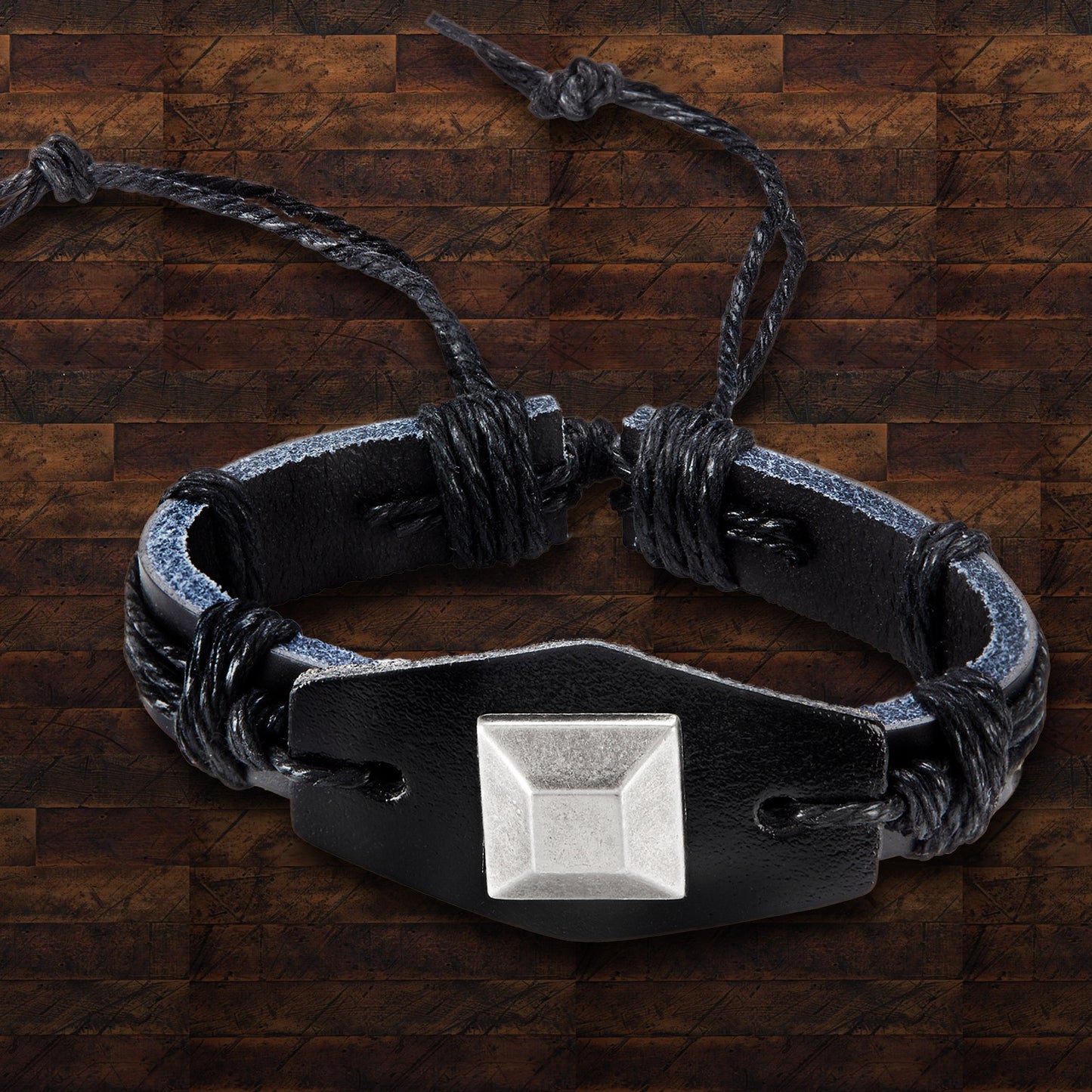 Men's Black Leather Square Stud Adjustable Bracelet