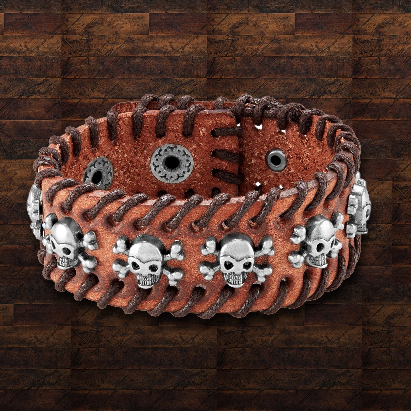 Men's Leather Skull Studs Stitched Cuff Bracelet