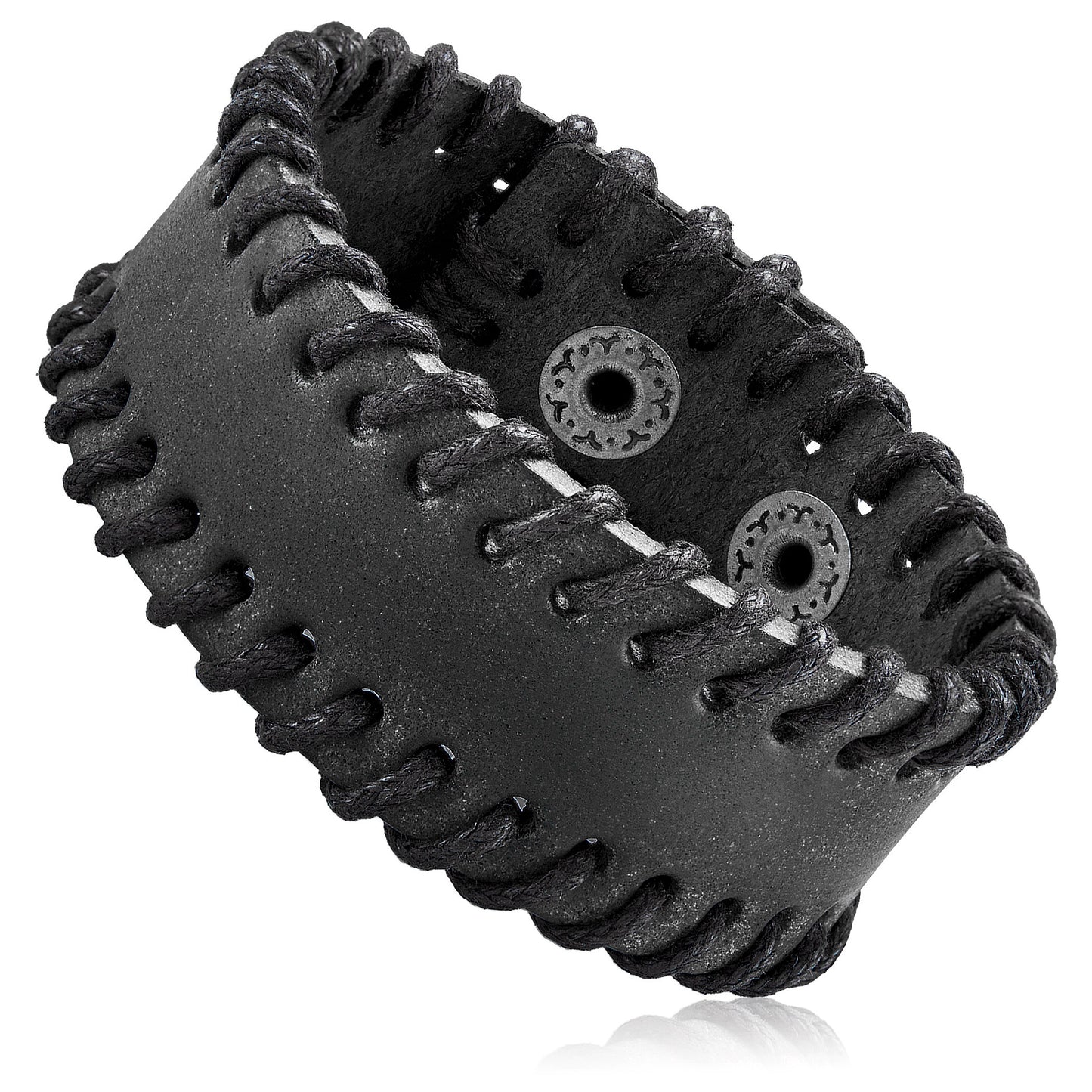 Men's Black Leather Stitched Cuff Bracelet