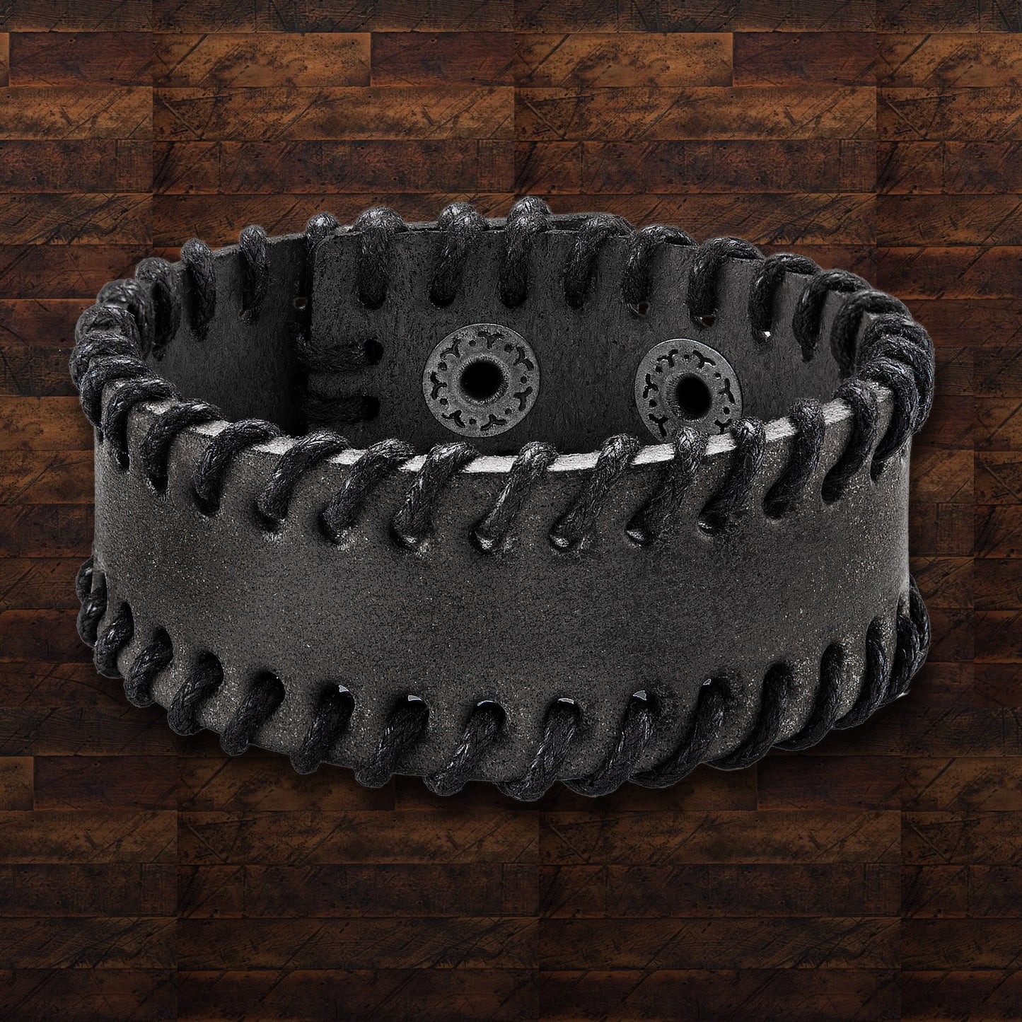 Men's Black Leather Stitched Cuff Bracelet