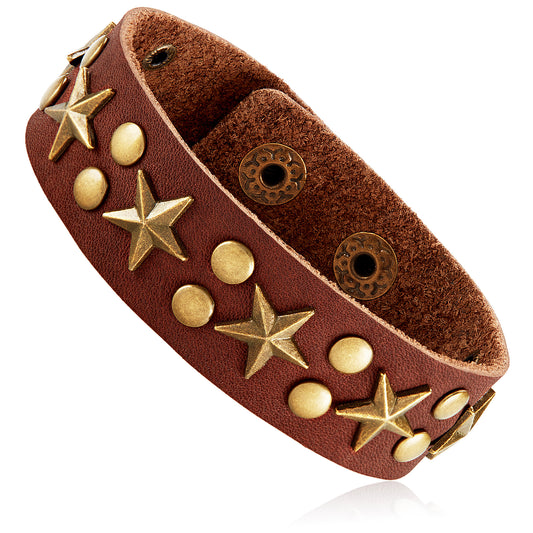 Men's Brown Leather Star and Studded Cuff Bracelet