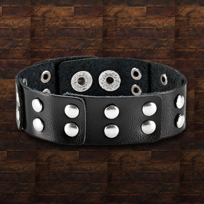 Men's Black Leather Studded Layered Cuff Bracelet