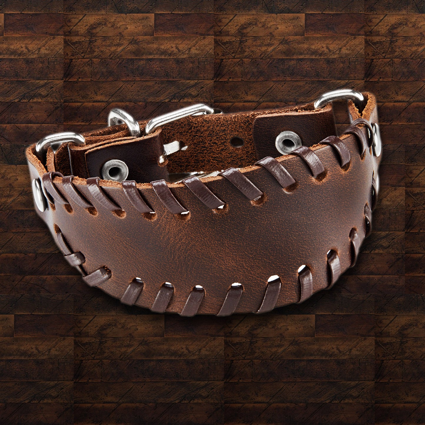 Men's Brown Leather Stitched Bund Buckle Cuff Bracelet