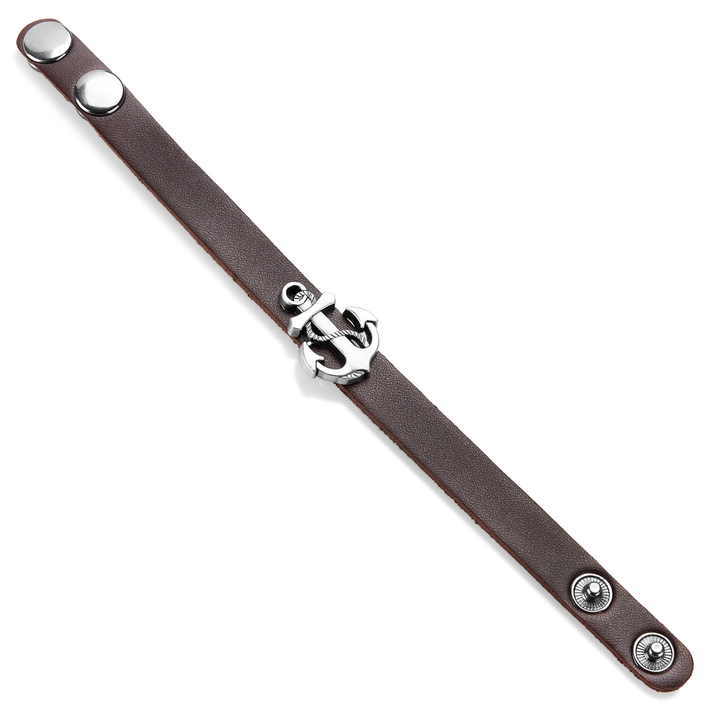 Men's Brown Polished Leather Anchor Charm Cuff Bracelet (22 mm) - 8.75"